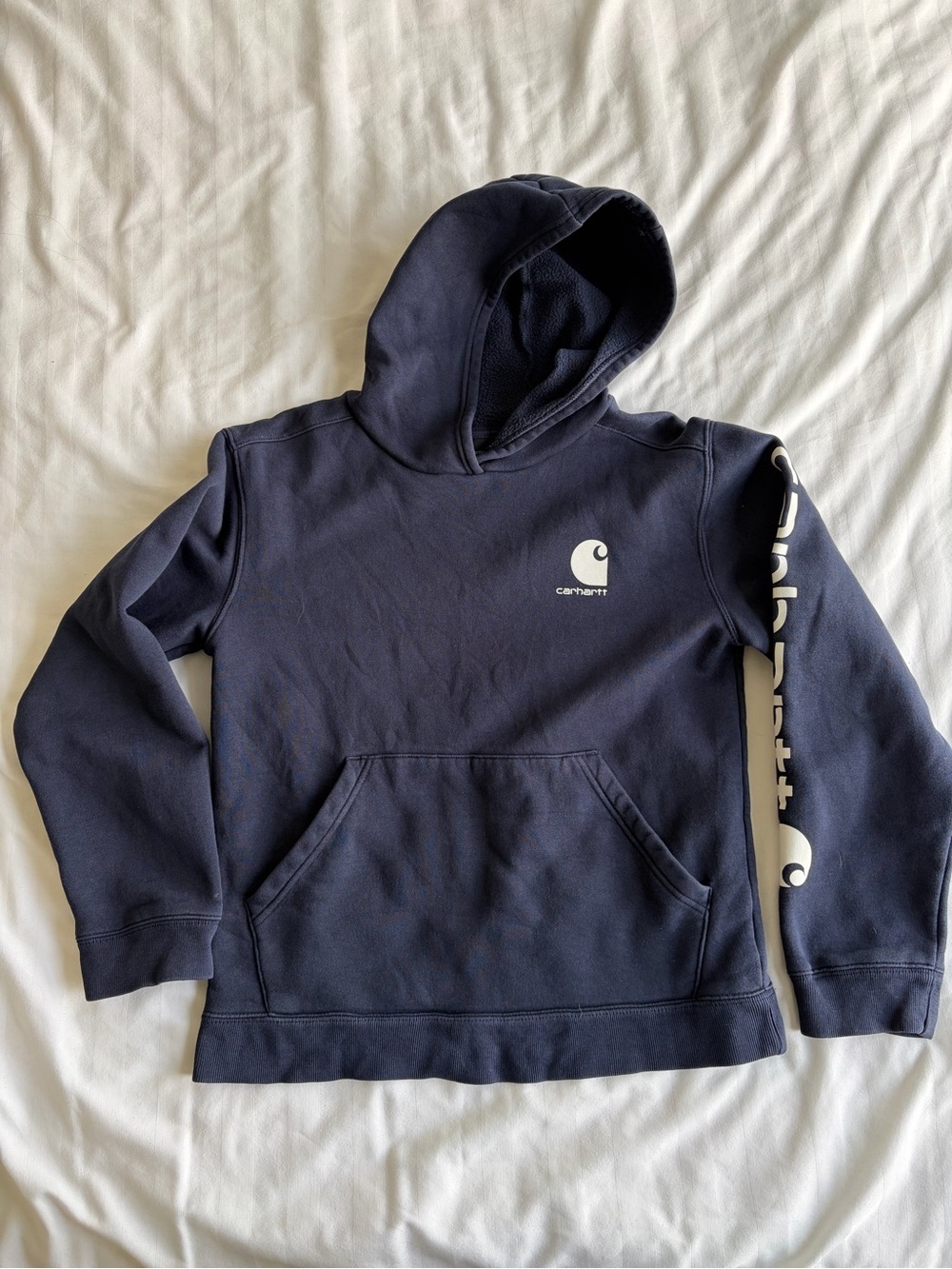 CARHARTT- Boys size large Midweight Logo Sleeve Graphic Sweatshirt in navy blue.